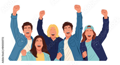 Group of six young people cheer loudly and raise their fists in celebration and teamwork against a bright white background.