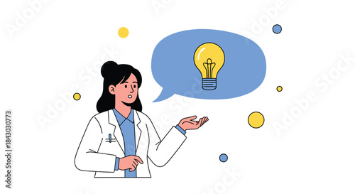 Female doctor in a white coat demonstrates a bright idea with a glowing lightbulb above her hand during a creative thinking moment.