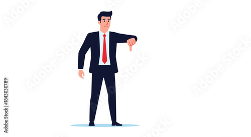 Businessman in a dark suit checks his wristwatch while standing on a light surface and demonstrates time management and urgency in a professional setting.