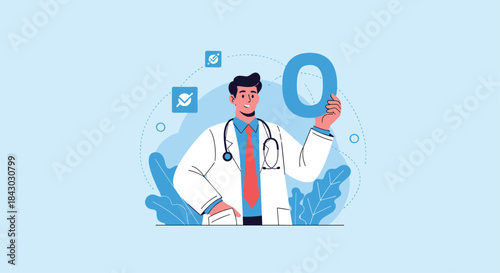 Illustration of a confident doctor in a white coat with a stethoscope presenting a blue zero while floating icons symbolize digital health and patient care.