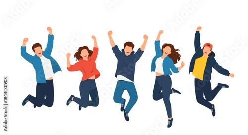 Group of diverse friends celebrate together by jumping in the air with raised arms and bright smiles during a lively outdoor moment of friendship and joy.