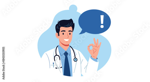 Professional doctor with stethoscope smiles and gives an ok gesture while a blue speech bubble shows an exclamation mark to emphasize clear health guidance.