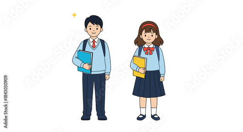 Two students in light blue uniforms stand side by side holding colorful books and backpacks conveying cheerful study days and friendly learning at school.