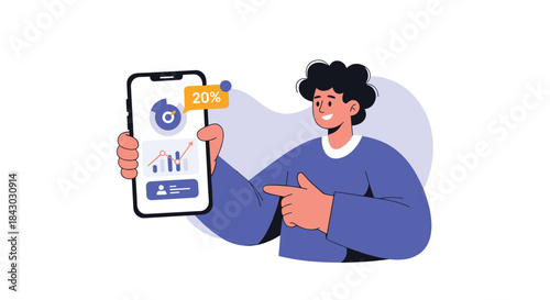 Person demonstrates a mobile analytics dashboard with charts and a prominent 20 percent badge showcasing data insights and user engagement.