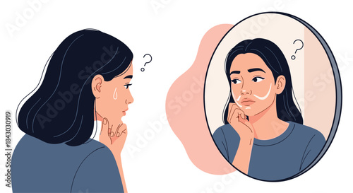 Woman studies her reflection in a round mirror with a thoughtful worried expression as she questions her self image and confidence during inner reflection.
