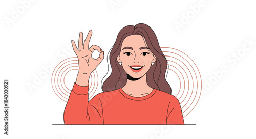 Friendly illustrated woman with long brown hair wearing an orange sweater makes an ok gesture and smiles brightly against circular rings in the background.
