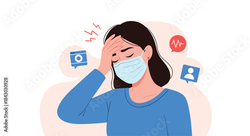 Woman wearing a blue shirt and a surgical mask holds her head in distress as medical and digital icons float around her.