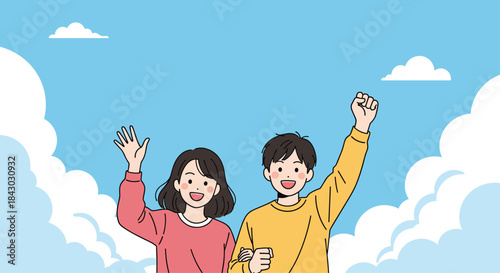 Two cheerful friends celebrate together under a bright blue sky with fluffy white clouds and a sense of joyful freedom and optimism.