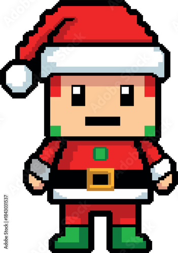 A pixel art style Santa character vector illustration with a cute chibi look, holiday decorations, animations, and Christmas-themed design elements.”