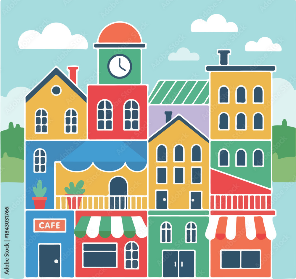Fototapeta premium Colorful Modern Town Buildings Vector – Minimalist Flat Urban Illustration