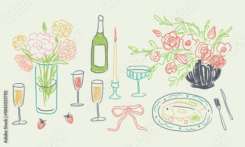 Still life with champagne and flowers on a table setting