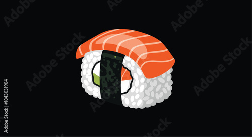 Fresh salmon nigiri rests atop glossy white rice wrapped with nori and presented in a minimalist sushi still life style for food photography.