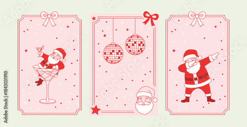 Christmas cards with santa claus and girl in pink background