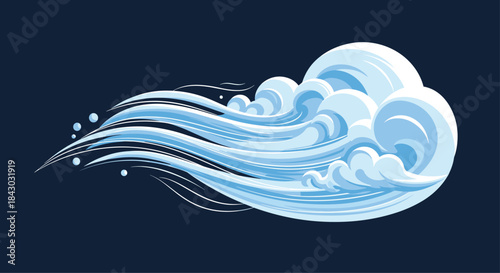 Dynamic stylized ocean wave illustration in cool blue tones sweeping across a dark navy background with flowing curves and frothy white crests.