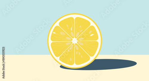 Bright lemon half rests on a pale beige and blue backdrop in a minimal still life illustration that conveys warmth freshness and bold sunny tones throughout.