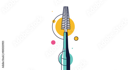 Illustration of a mascara wand with a long bristle brush held upright against a vivid colorful abstract background featuring circles and rings.
