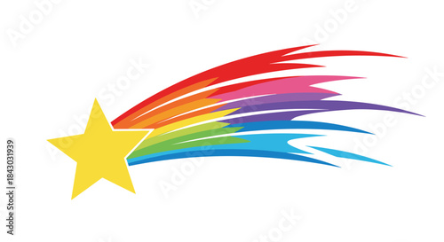 Colorful shooting star graphic featuring a bright yellow star and a sweeping rainbow trail across a clean white background.