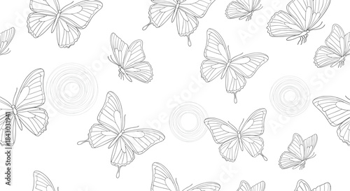 Butterflies appear as delicate line art in a seamless monochrome pattern on a white background creating an elegant decorative motif for subtle design projects.