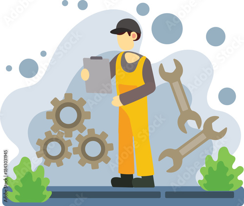 Mechanic checking machine parts with clipboard illustration