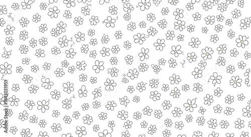 Delicate field of tiny outlined flowers scattered across a clean white background forming a soft botanical pattern for textiles and wallpaper design.