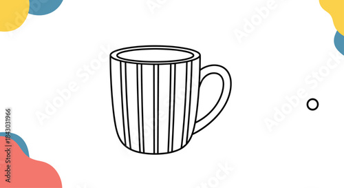 Bold line art illustration of a striped ceramic mug with a curved handle resting on a clean white surface surrounded by playful abstract shapes.