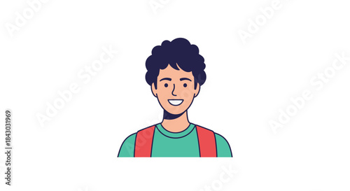 Cheerful cartoon avatar of a smiling student with curly dark hair wearing a teal shirt and red backpack straps standing against a clean white background.