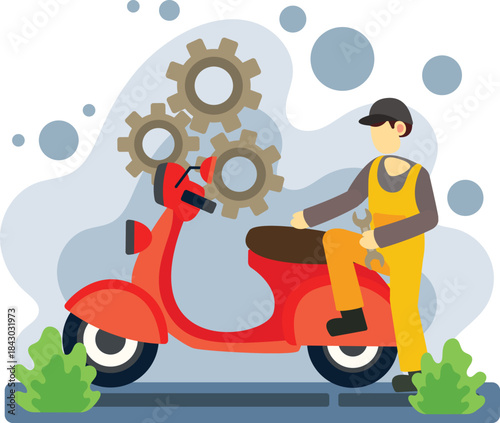 Mechanic repairing red motorcycle with tools illustration