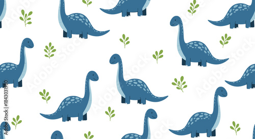 Playful seamless pattern featuring blue dinosaurs and small green plants arranged in a friendly kid friendly design suitable for nursery decor and kids rooms.