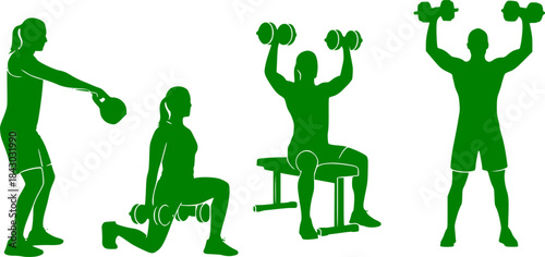 Four exercise silhouettes — kettlebell swing, seated dumbbell shoulder press, lunge with dumbbell, standing dumbbell shoulder press, fitness training illustration set