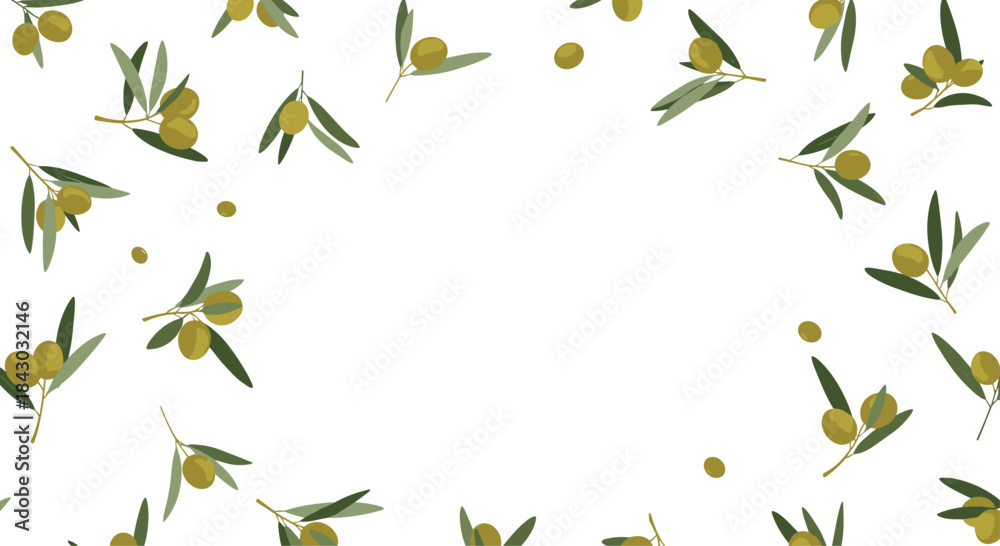 Fototapeta premium Olive branches and golden olives create a decorative border around a white space forming a mediterranean frame for invitations and nature inspired designs.