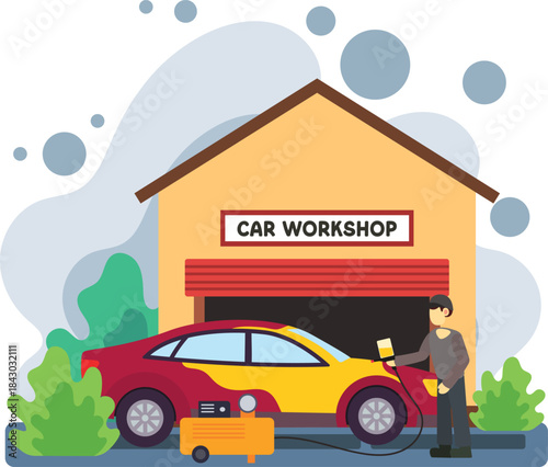 Worker painting car at auto workshop illustration