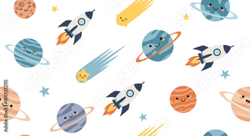 Playful space scene with rockets planets stars comets and smiling space icons in a colorful pattern suited for kids and educational illustration.