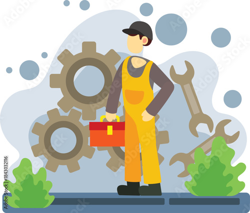 Mechanic holding toolbox with gears background illustration