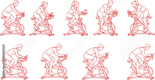 Indoor Cycling Silhouettes – Stationary Bike Workout, Spin Class Poses, Gym Cardio Training, Fitness Exercise Vector Illustration Set
