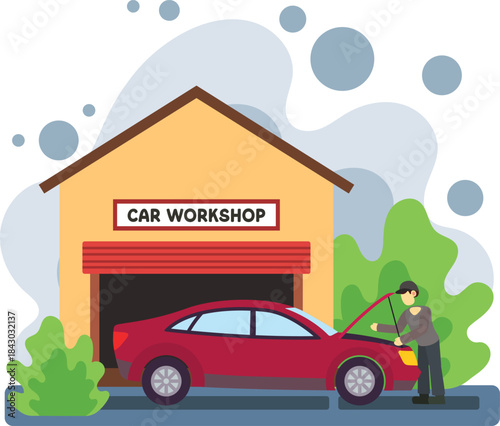 Mechanic fixing car outside workshop illustration