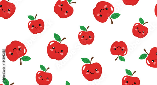 Bright red apples with smiling faces and green leaves are scattered across a clean white background creating a playful seamless pattern.