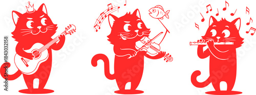 Cartoon black cat character illustrations playing musical instruments, crown, fish, guitar, violin, flute, whimsical animal artwork design sequence
