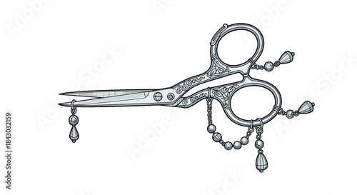 Ornate decorative scissors featuring intricate metalwork and dangling beaded charms resemble elegant jewelry inspired by embroidery and sewing tool artistry.