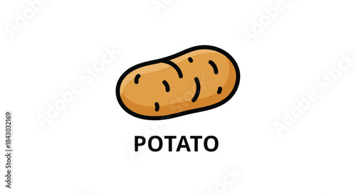 Cartoon style potato illustration with a rounded brown tuber shape and bold dark outlines on a plain white background with soft texture highlights.