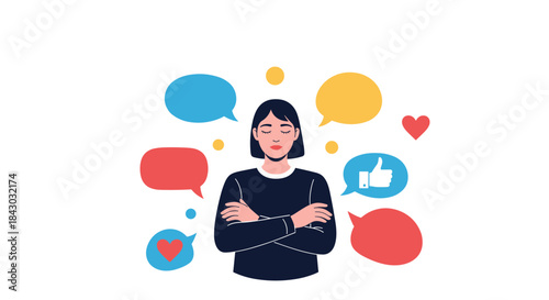 Person stands surrounded by colorful speech bubbles and social media icons representing online communication and positive feedback.
