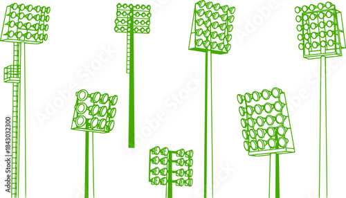 Stadium light pole silhouette set, floodlight vector illustration, sports field illumination design, outdoor arena lighting system, electricity infrastructure drawing, engineering lamp collection