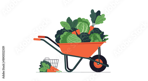 Wheelbarrow brimming with fresh leafy greens and root vegetables rests in a sunlit kitchen garden awaiting harvest by the gardener and ready for market.