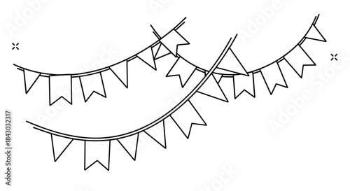 Two curved strings of triangular pennant flags flutter above a simple line drawing evoking a festive outdoor party banner.