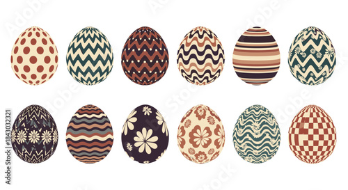 Row of decorative eggs featuring geometric and floral patterns in earthy browns blues greens and creams arranged in a neat line on a white background.