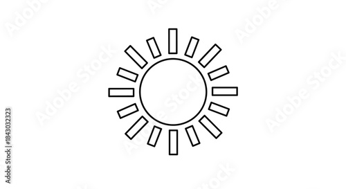 Stylized sun icon with a round center and evenly spaced rectangular rays radiating outward to symbolize brightness and solar energy in a minimal design.