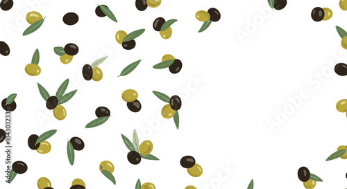 Olives in yellow and black with green leaves scattered across a white background create a seamless decorative pattern suitable for textiles and kitchen decor.