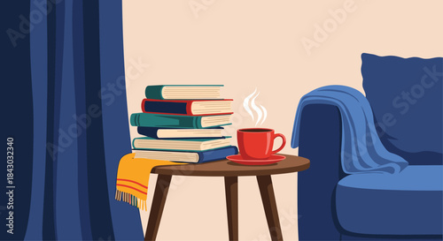 Cozy reading corner with a stack of colorful books on a wooden side table beside a steaming red mug and a plush blue sofa under soft warm light.