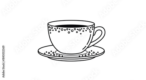 Elegant line drawing of a teacup resting on a saucer with a curved handle and dotted accents along the rim creating a simple yet refined illustration.