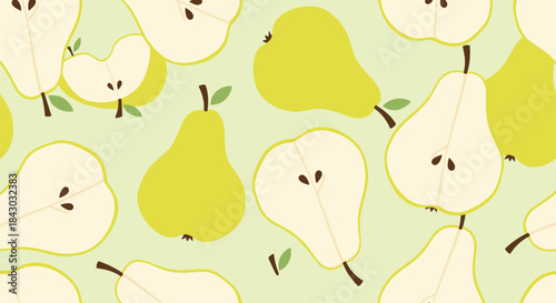 Seamless decorative illustration of pears in yellow and green tones scattered across a pale green background suitable for pattern design.