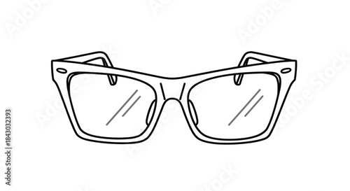 Clean line drawing of a pair of oversized rectangular eyeglasses with bold frames and subtle reflections on the lenses to convey a stylish eyewear concept.